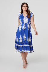 Ikat Print Cap Sleeve Lace Midi Dress