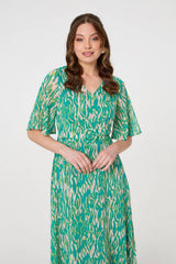 Printed 1/2 Sleeve Belt Waist Midi Dress