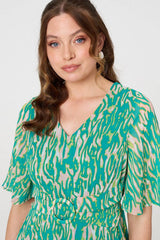 Printed 1/2 Sleeve Belt Waist Midi Dress