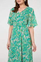 Printed 1/2 Sleeve Belt Waist Midi Dress