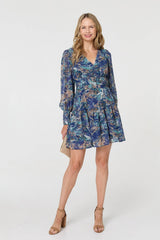 Printed Long Sleeve Pleated Short Dress