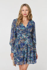 Printed Long Sleeve Pleated Short Dress