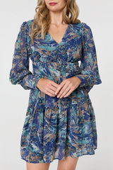 Printed Long Sleeve Pleated Short Dress