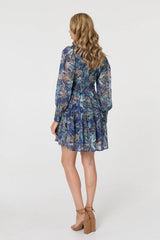 Printed Long Sleeve Pleated Short Dress