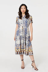 Patchwork Print Short Sleeve Midi Dress