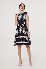 Ikat Print Tie Front Knee Length Dress