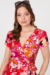 Printed Short Sleeve Wrap Midi Dress