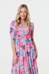 Abstract 3/4 Sleeve Midi Wrap Dress