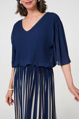 Striped Pleat 1/2 Sleeve Midi Dress