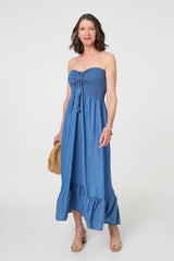 Strapless Shirred Frill Hem Maxi Dress