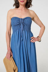 Strapless Shirred Frill Hem Maxi Dress