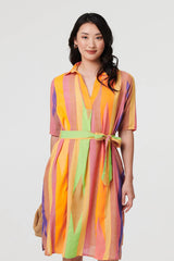 Striped Knee Length Tie Waist Dress