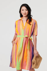 Striped Knee Length Tie Waist Dress