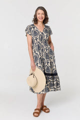 Printed Shirred Lace Midi Dress