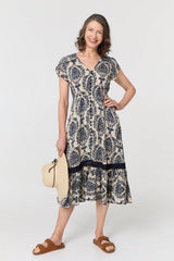 Printed Shirred Lace Midi Dress