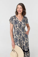 Printed Shirred Lace Midi Dress
