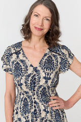 Printed Shirred Lace Midi Dress