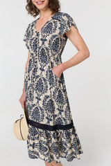 Printed Shirred Lace Midi Dress
