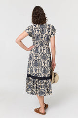 Printed Shirred Lace Midi Dress