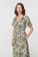 Printed Smocked Short Sleeve Midi Dress