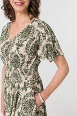 Printed Smocked Short Sleeve Midi Dress