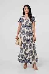 Printed Short Sleeve Shirred Maxi Dress