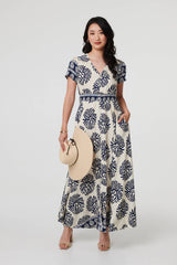Printed Short Sleeve Shirred Maxi Dress