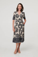 Border Print Ruched V-Neck Midi Dress