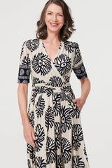 Border Print Ruched V-Neck Midi Dress