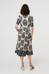 Border Print Ruched V-Neck Midi Dress