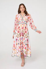 Pink Floral Border Print Empire Midi Dress