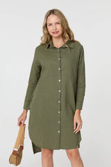 Long Sleeve Split Hem Midi Shirt Dress