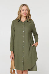 Long Sleeve Split Hem Midi Shirt Dress