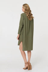 Long Sleeve Split Hem Midi Shirt Dress