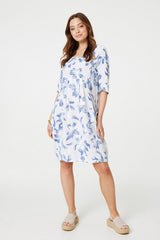 Leaf Print 3/4 Sleeve Knee Length Dress