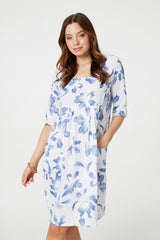 Leaf Print 3/4 Sleeve Knee Length Dress