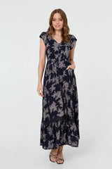 Leaf Print Shirred Lace Trim Maxi Dress