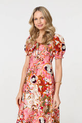 Floral Tie Neck Puff Sleeve Midi Dress