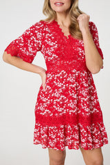 Floral Lace Trim 1/2 Sleeve Mini Dress