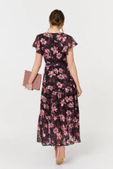 Floral Angel Sleeve Tie Waist Maxi Dress
