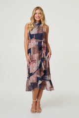 Patchwork Sleeveless Midi Wrap Dress