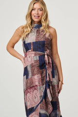 Patchwork Sleeveless Midi Wrap Dress