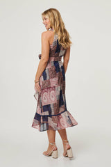 Patchwork Sleeveless Midi Wrap Dress