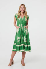 Ikat Print Cap Sleeve Shirred Midi Dress