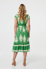Ikat Print Cap Sleeve Shirred Midi Dress