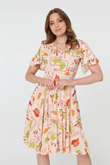 Printed V-Neck Shirred Knee Length Dress