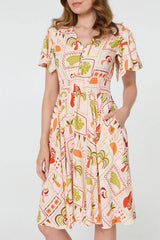 Printed V-Neck Shirred Knee Length Dress