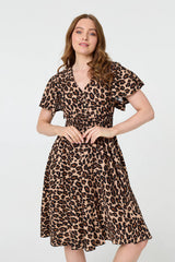 Animal Print Shirred Knee Length Dress