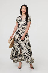 Leaf Print Short Sleeve Maxi Smock Dress