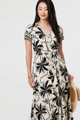 Leaf Print Short Sleeve Maxi Smock Dress
